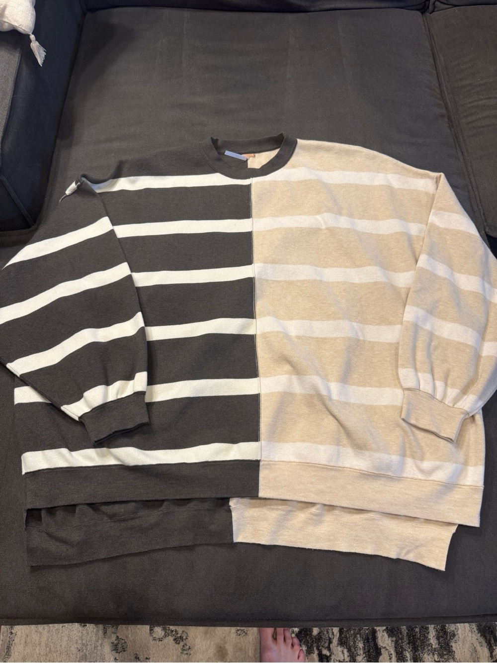Free People. Striped Split-Panel Crewneck Sweater - Black & Beige
